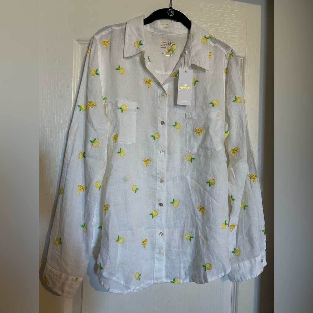 Lilly Pulitzer Sea View White Button Down Shirt Honeycomb Bee🐝 Lemon Large $138